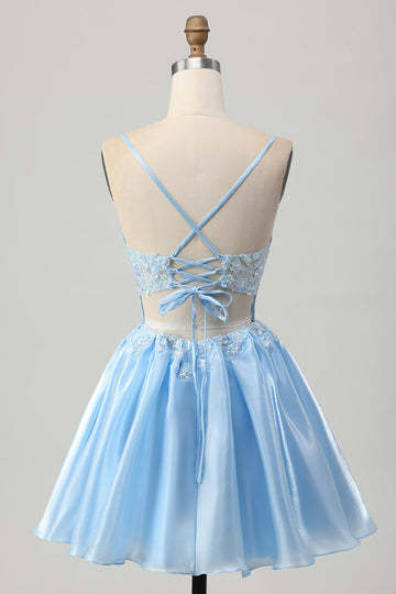 Blue A Line Cut Out Corset Homecoming Dress with Appliques
